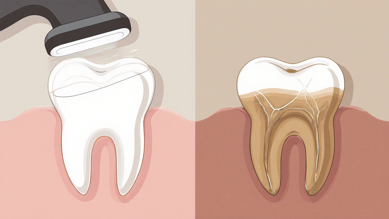 Porovnání nové a opotřebované kompozitní fazety na zubu s barvením a opotřebením.