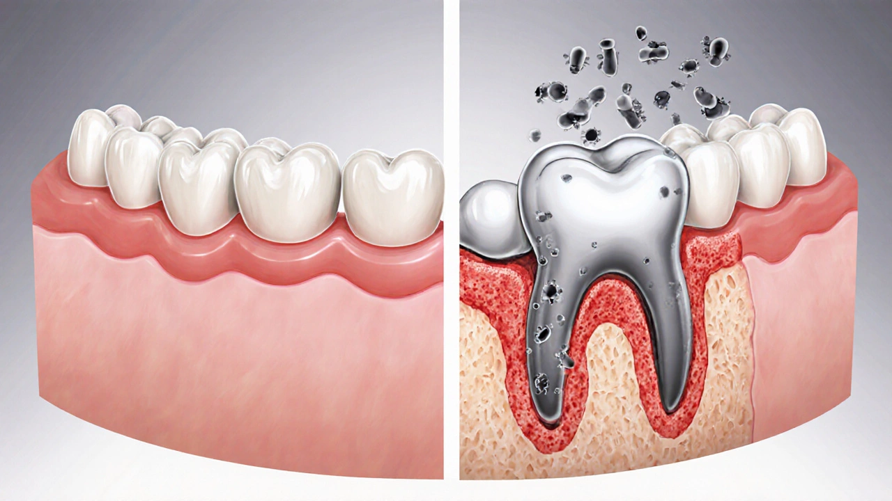 Porovnání zdravé a poškozené dásně a kosti při parodontitidě.