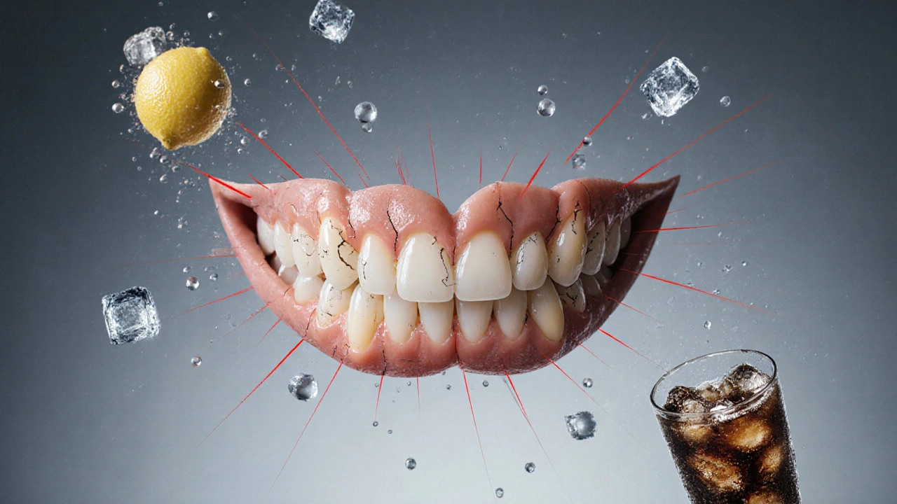 Přední zuby s poškozenou sklovinkou a kyselými nápoji v okolí.