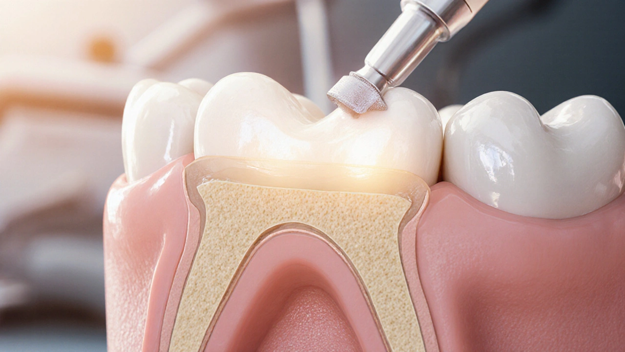Přesně přizpůsobená zirkonová korunka na připraveném zubu s detaily přiléhání.