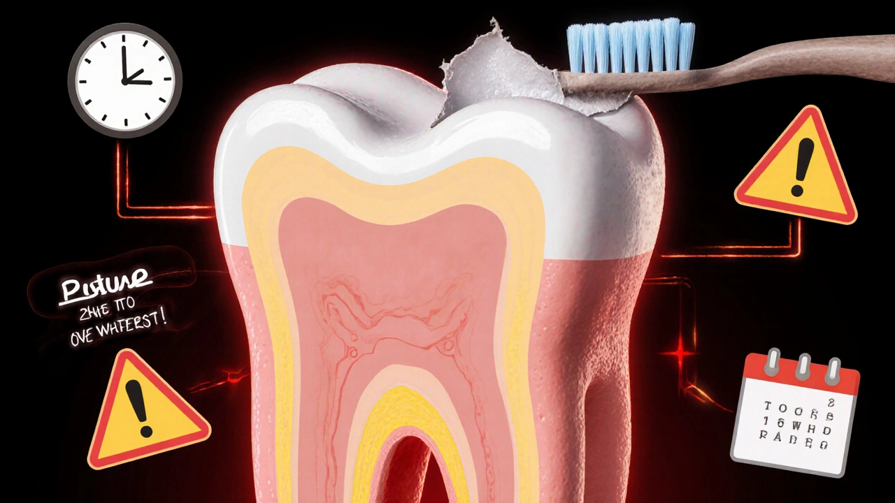 Příčný řez zubem ukazující opotřebení sklovinové vrstvy a zjevení žlutého dentinu.