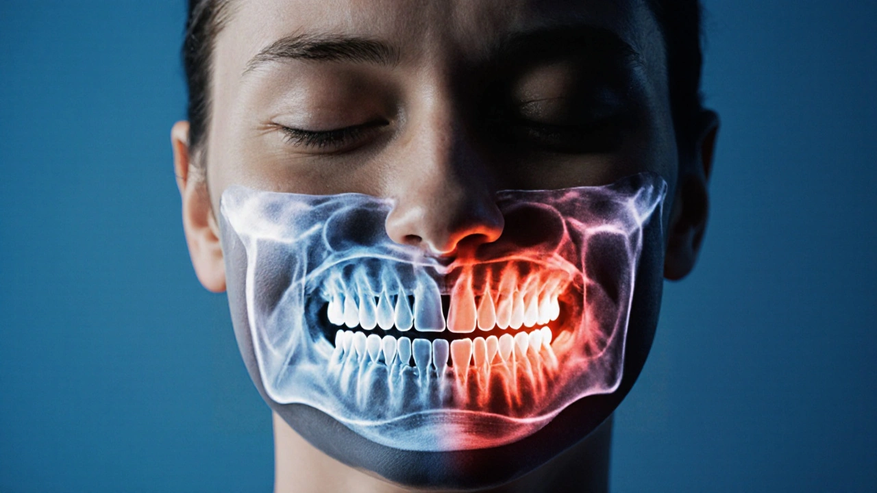 Rentgenový snímek s překrytým obličejem, kde jeden zub moudrosti svítí červeně.