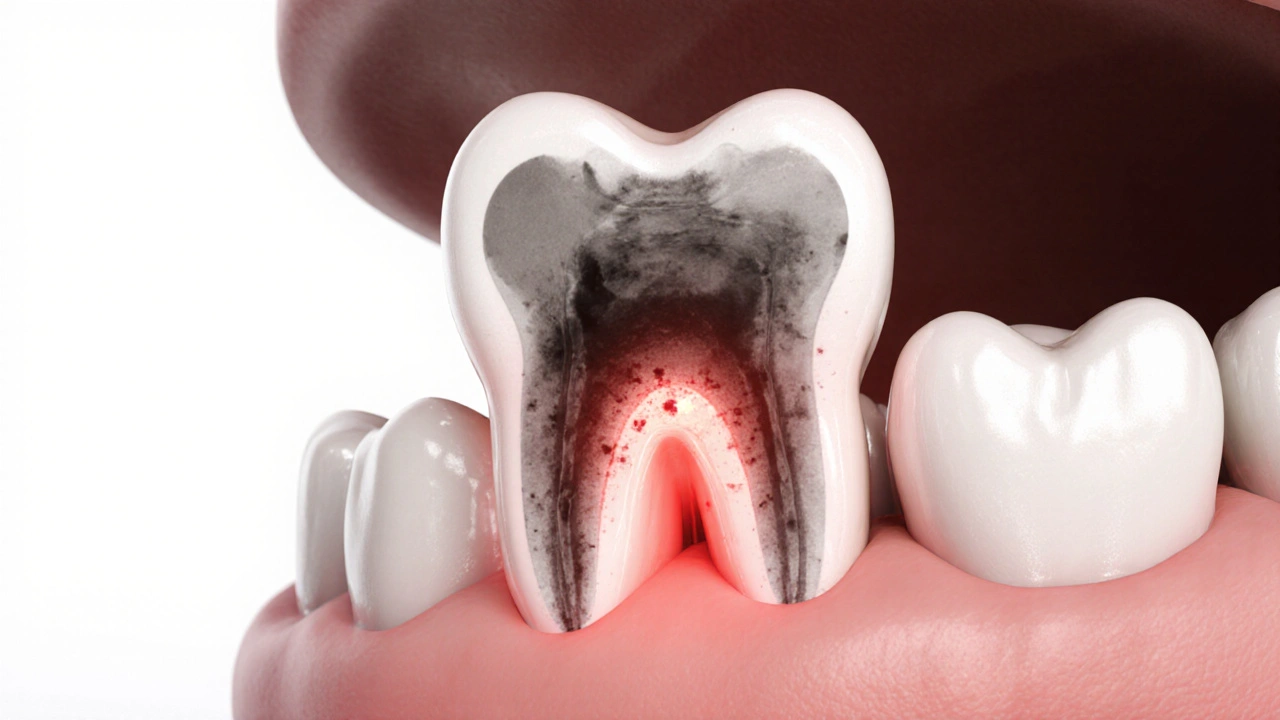 Rentgenový snímek zubu s kazem mezi zuby a infekcí v kořeni.