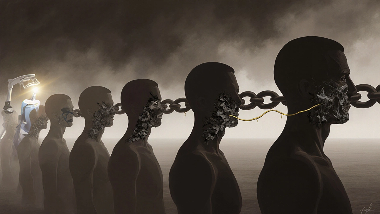 Řetěz z tmavého kamene spojuje lidi, zatímco zubní lékařské nástroje nabízejí nádech naděje.