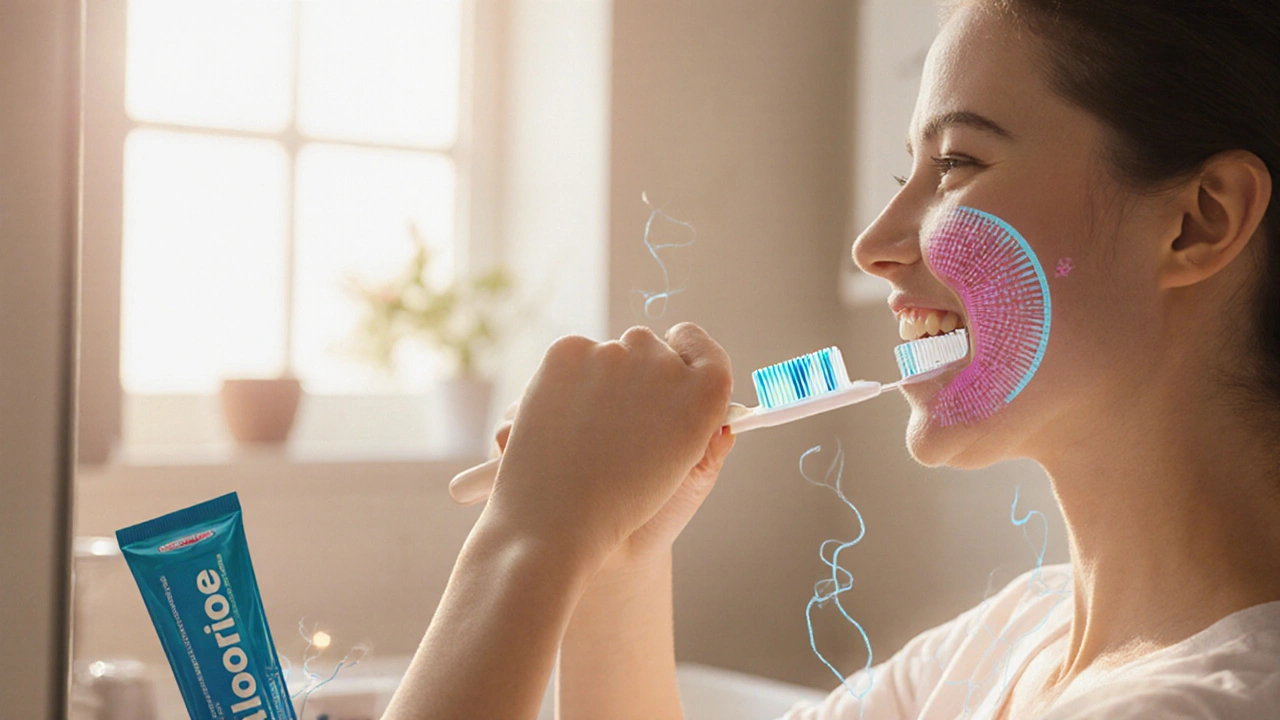 Ruka čistí zuby kartáčkem a nití v teplém osvětlení koupelny.