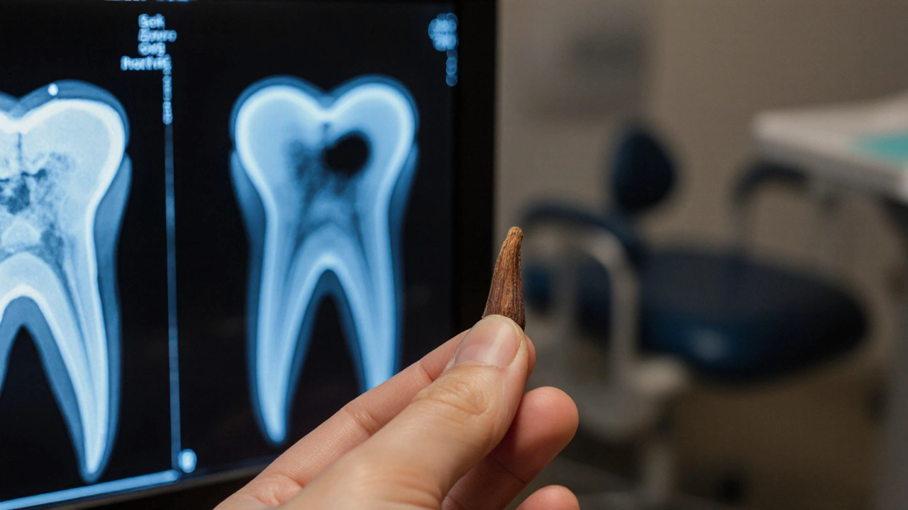 Ruka drží hřebíček vedle rentgenového snímku kazivého zubu.