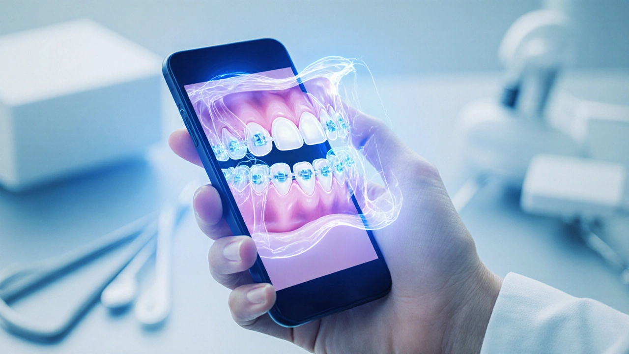 Ruka drží tablet s 3D skenem zubů, viditelné keramické rovnátka a průhledné dráty.