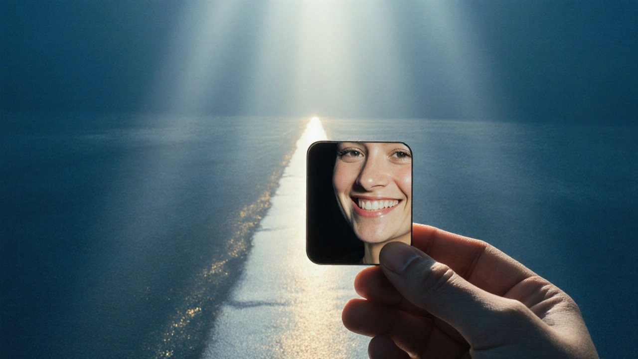 Ruka drží zrcátko, v němž je vidět úsměv s neviditelnými vnitřními rovnátky, za ním světelná cesta.