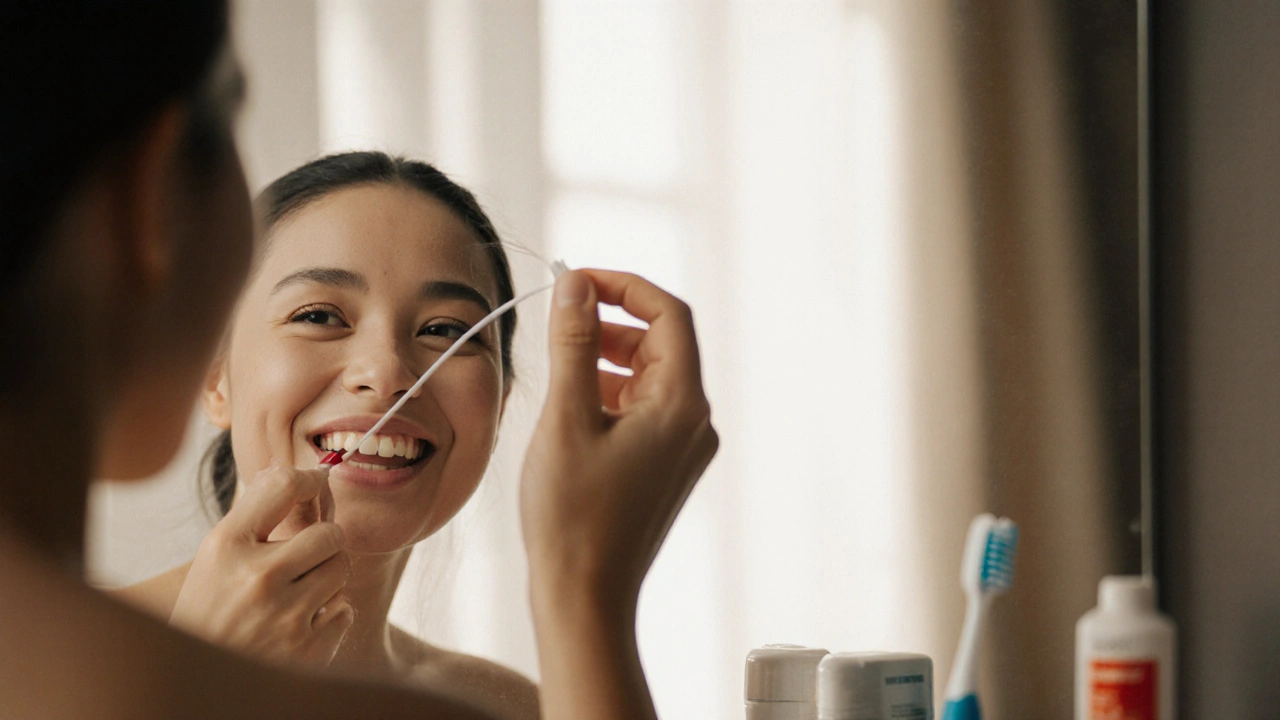 Ruka používá zubní nit pro čištění mezizubních prostor.