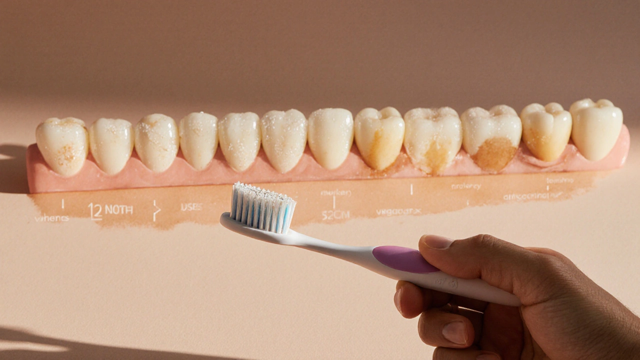 Ruka s kartáčkem a částicemi hydroxyapatitu obnovujícími sklovinu zubu.