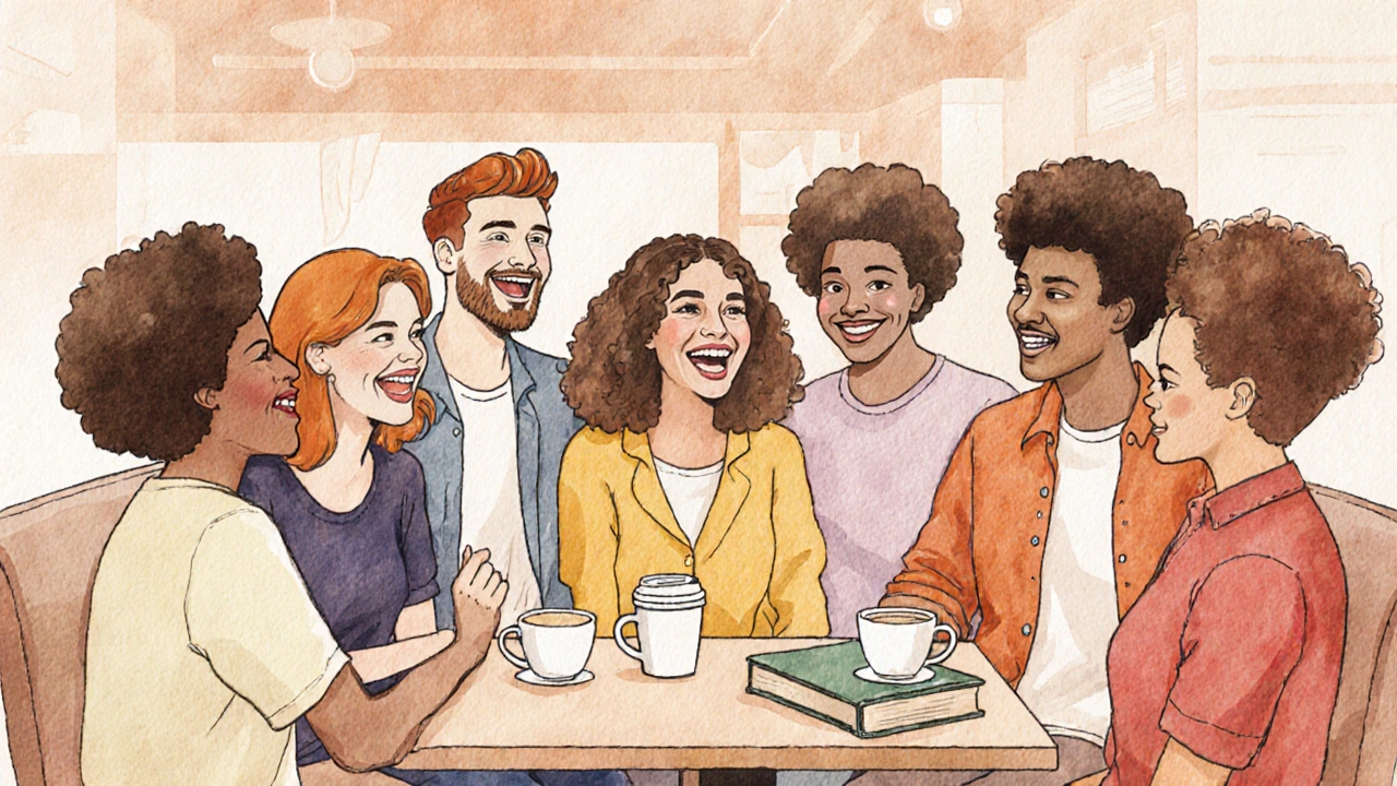 Skupina mladých lidí se směje v kavárně, někteří nosí rovnátka, ale všichni jsou zapojeni do konverzace.