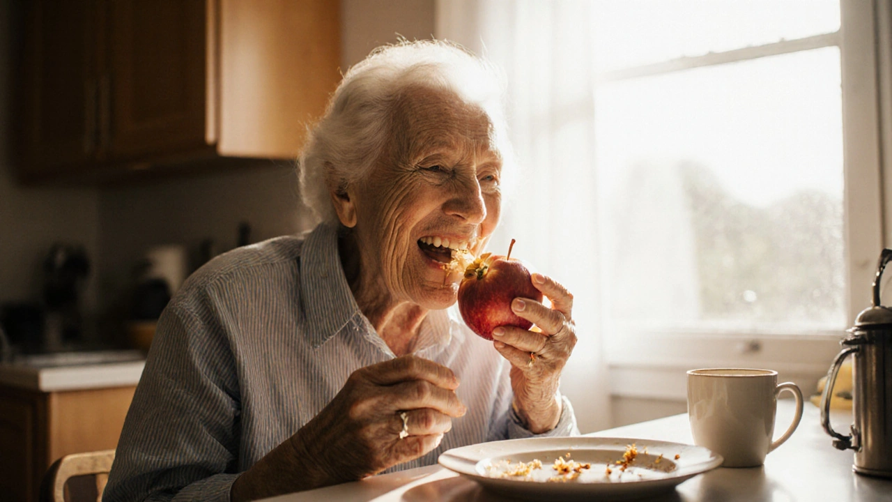 Starší osoba se usmívá, když jí kousne jablek, bez viditelné protézy.
