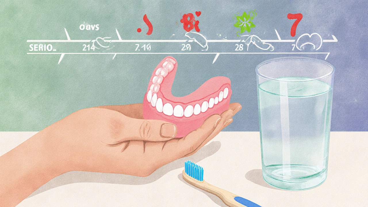 Umělá zubařská protéza na pozadí s čisticími pomůckami a časovou osou přizpůsobení.