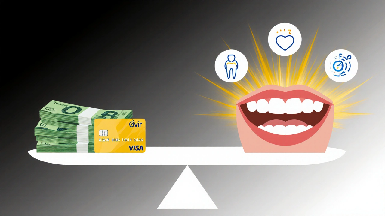 Váha s penězi na jedné straně a zdravým úsměvem na druhé, symbolizující investici do zdraví.