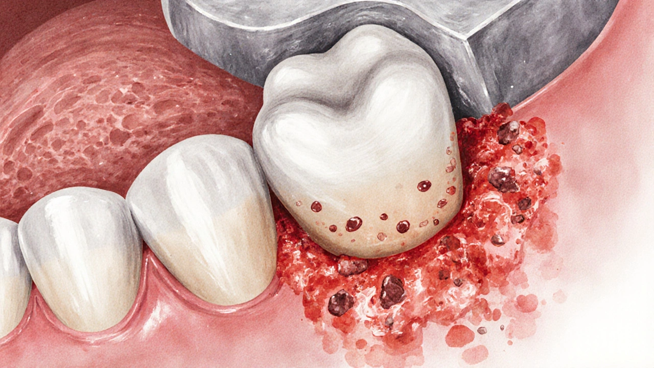 Vizualizace impaktovaného zubu moudrosti rostoucího šikmo pod dásní proti sousednímu zubu.