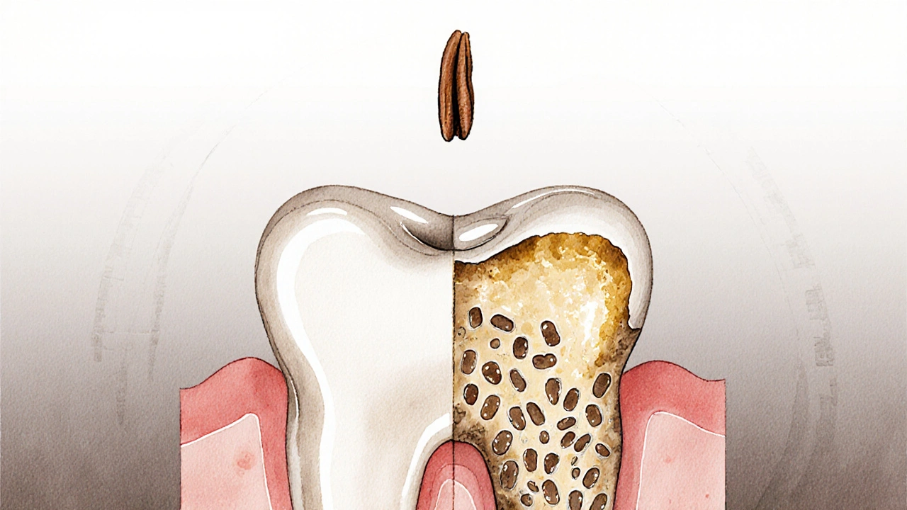 Vodová barva ilustrující zdravý a kazivý zub s hřebíčkem jako ochranným prvkem.