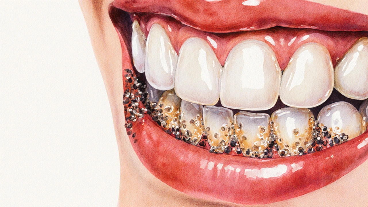 Zdravý zub vedle zubu s náležitostí zubního kamene a zánětem dásní.