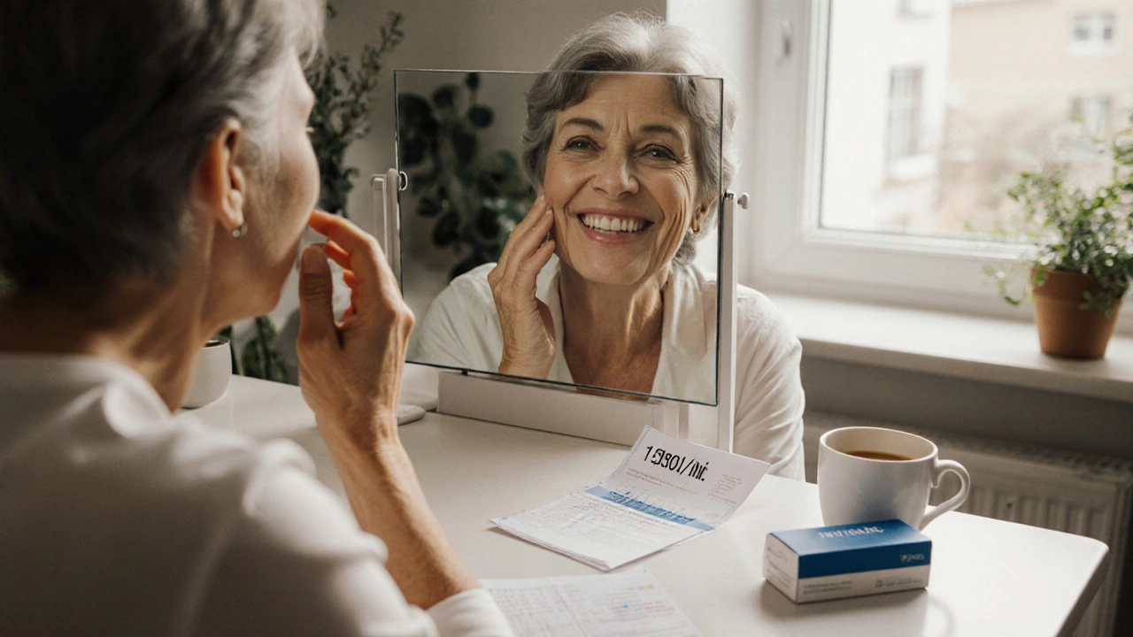Žena se dívá do zrcadla a dotýká se keramických rovnátek, na stole jsou splátkové poklady.