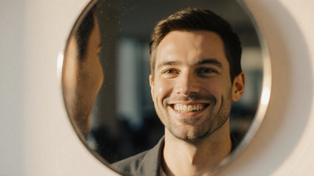 Zrcadlo odrazí dvě verze tváře: dnes s rovnátky a zítra s dokonalým úsměvem.