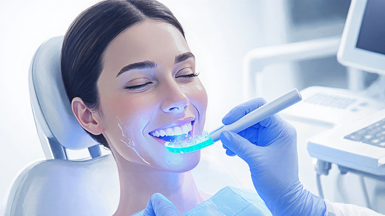 Zubní lékař aplikuje bělící gelem na zuby pacienta s LED světlem.