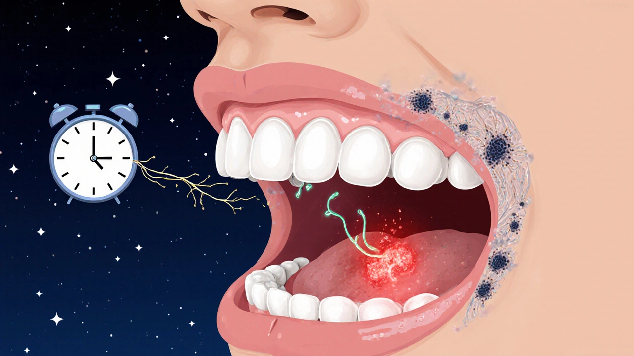 Zvětšený pohled na dětské zuby s zubním kamenem a zánětem dásní, propojený s nervovými cestami do mozku.