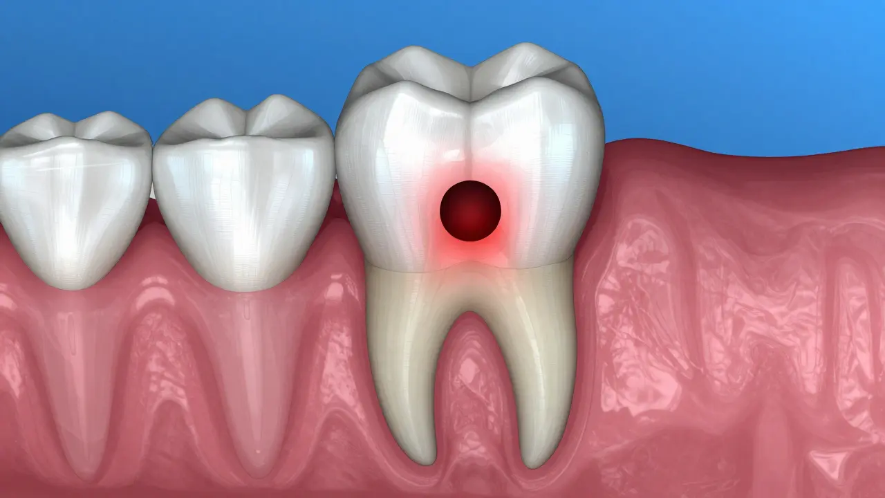 3D rentgenový snímek předního zubu s tmavou oblastí zánětu na špičce kořene.