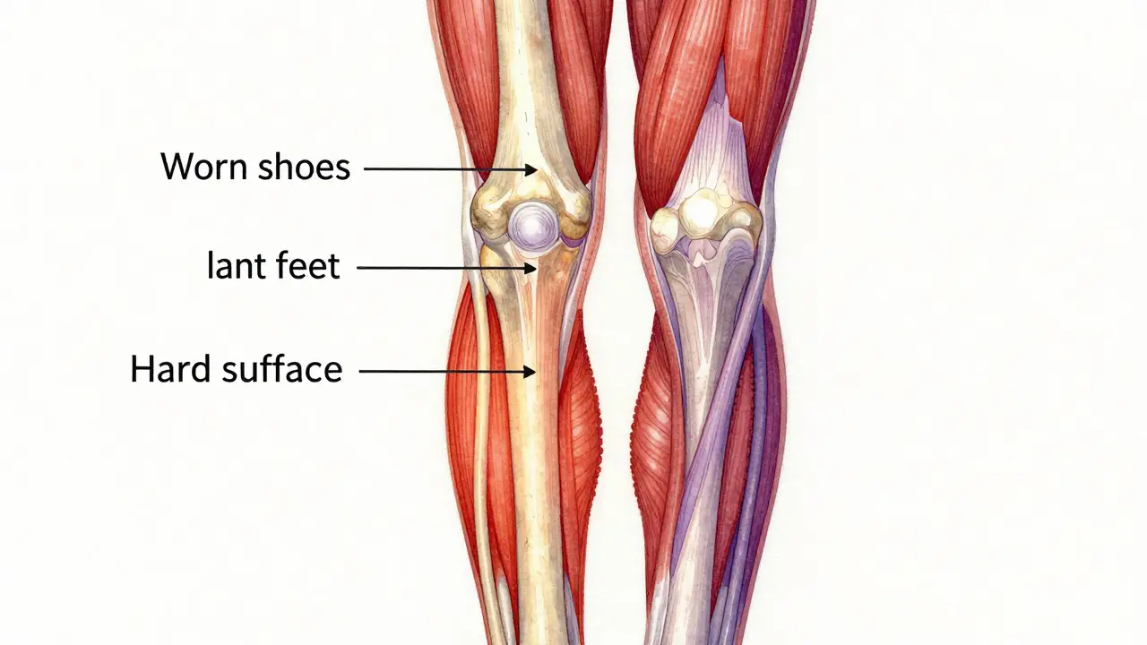 Anatomická ilustrace holenní kosti s zánětem svalů a malou štěrbinovou zlomeninou.
