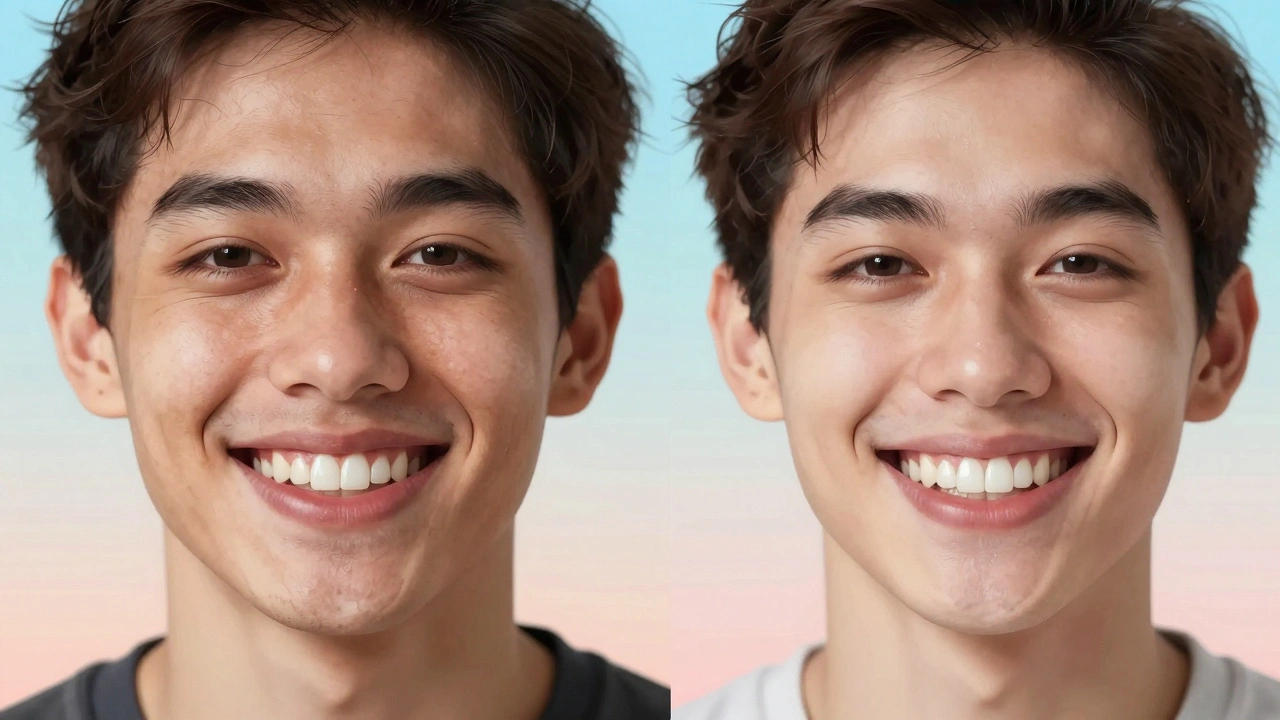 Before and after smile transformation with veneers, showing improved tooth appearance.