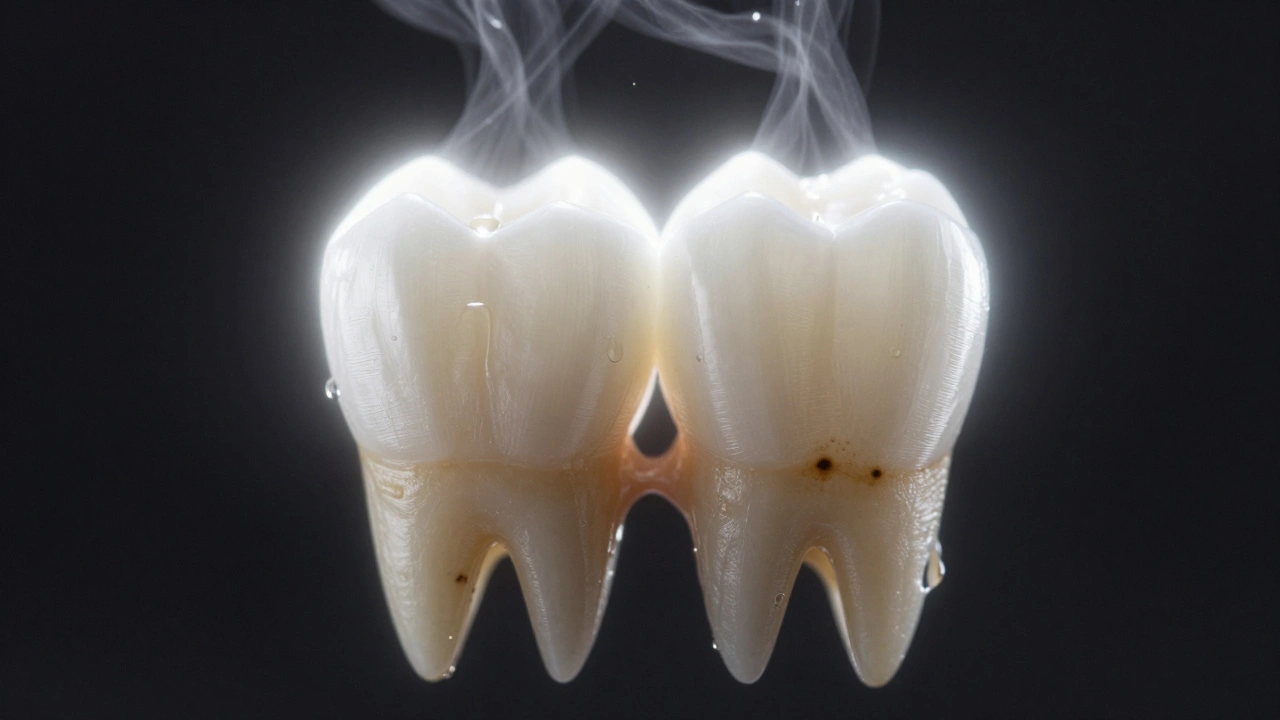 Bílé zuby s jemným zářivým efektem, okolo nich se rozptylují kávové skvrny.