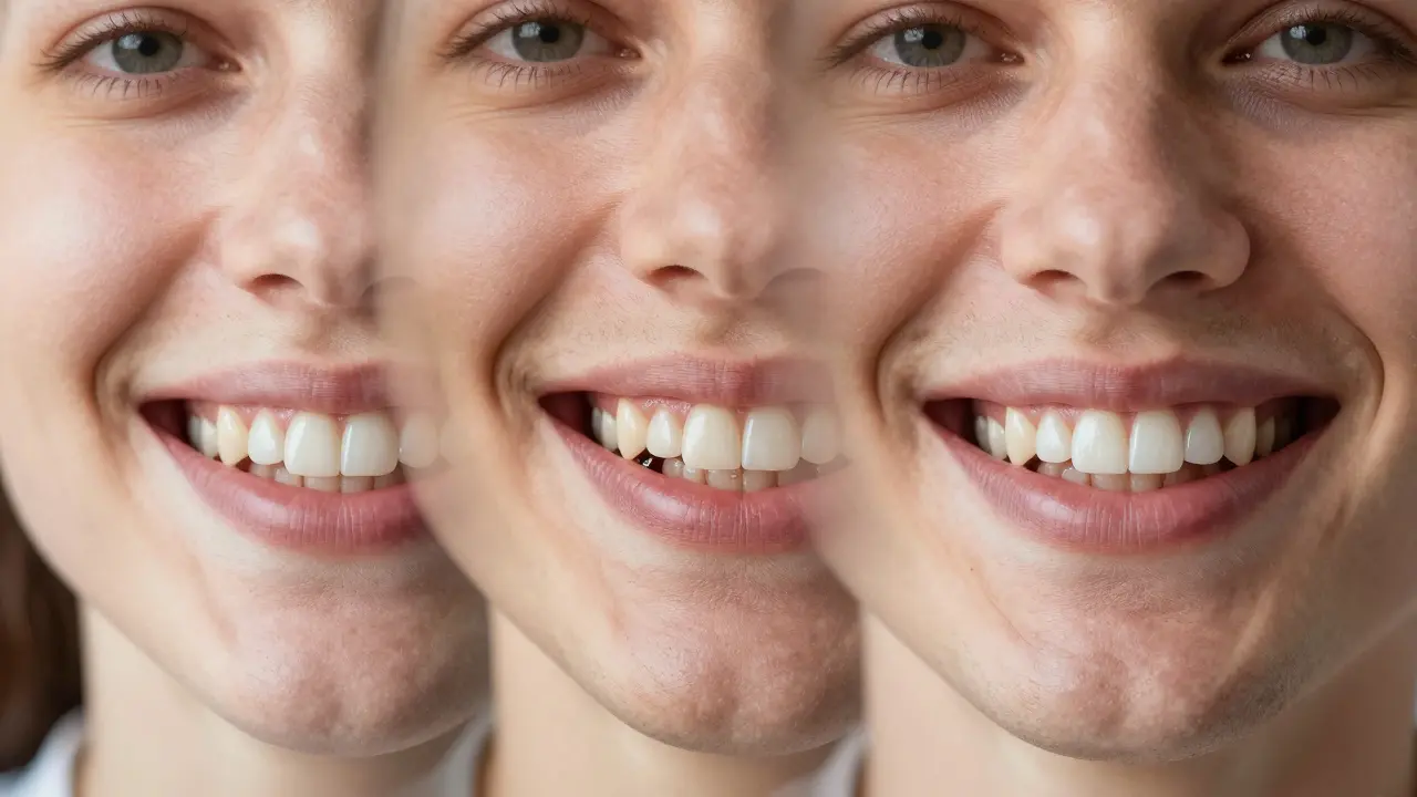 Časový přechod od ztráty zubů k obnově s implantáty, zachycující změny čelisti.