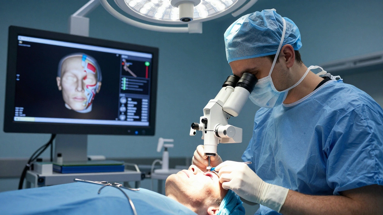 Chirurg provádí rekonstrukci obličeje v operačním sále s použitím mikroskopu.