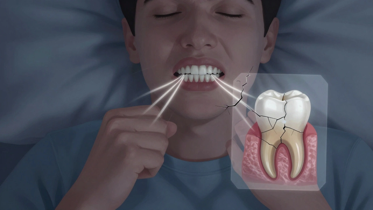 Člověk skřípá zuby ve spánku, vnitřní trhliny v zubu jsou zobrazeny jako průhledné čáry.