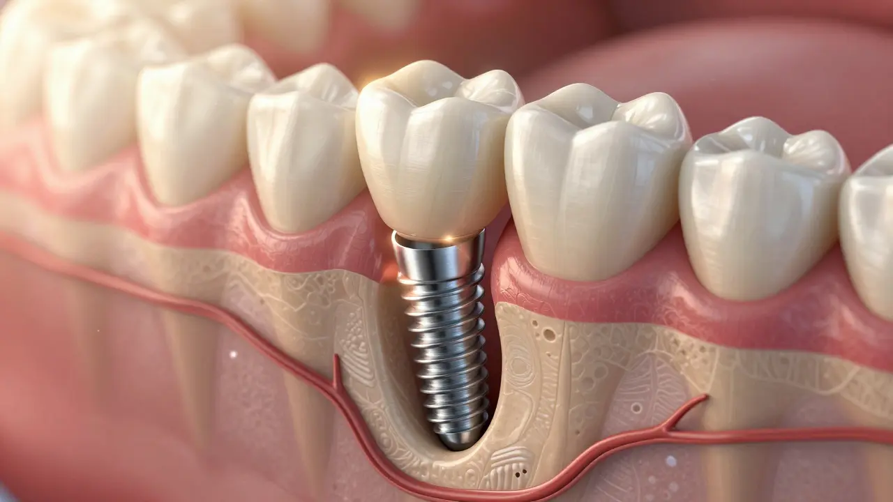 Cross-section of a dental implant integrated into jawbone with ceramic crown emerging.