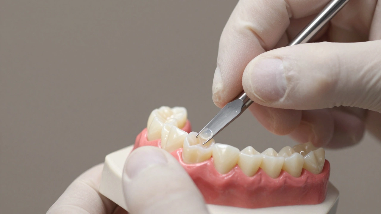 Dentální technik přidává tenké keramické límčíky na model zubů v laboratoři.