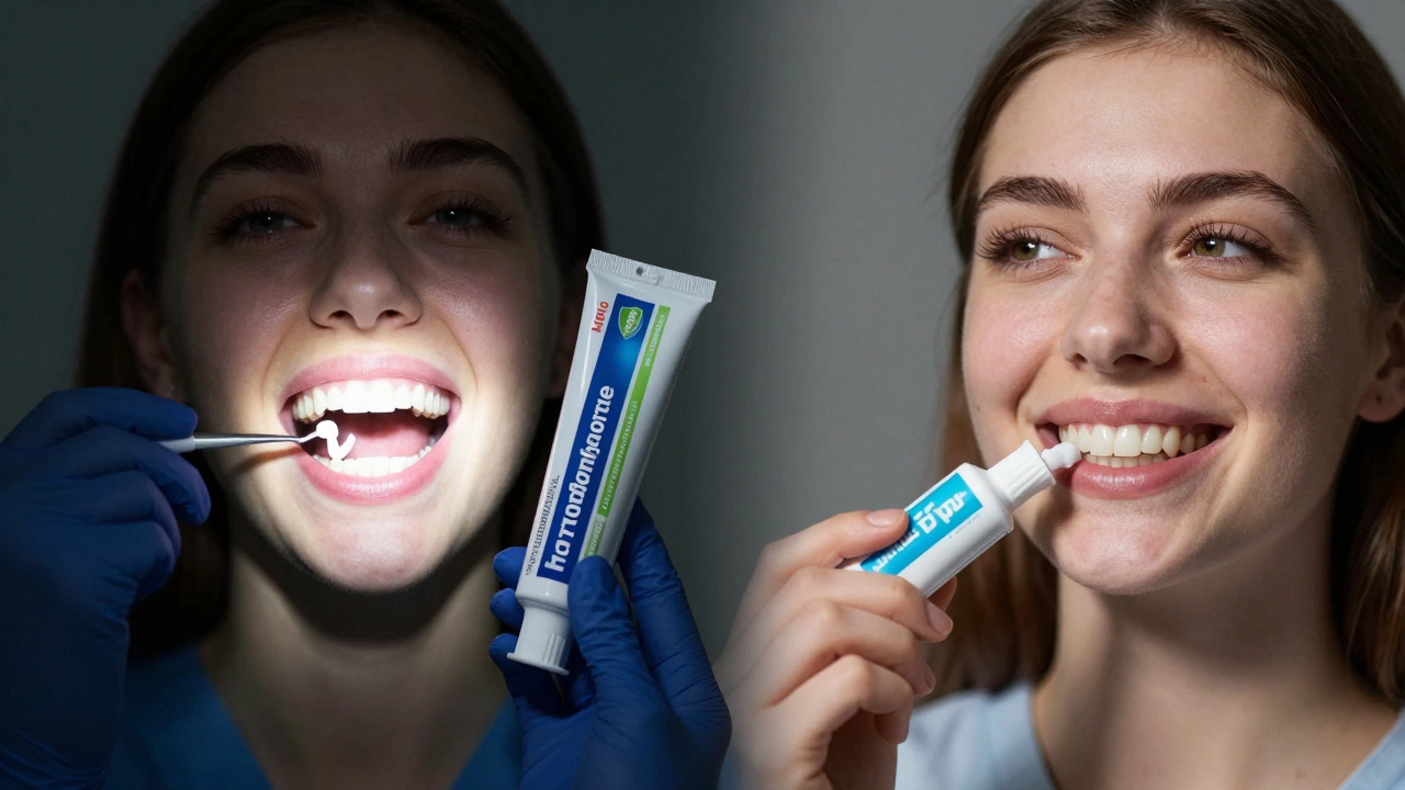 Dentista drží bělící chemikálii vedle bělící pasty s porovnáním výsledků.