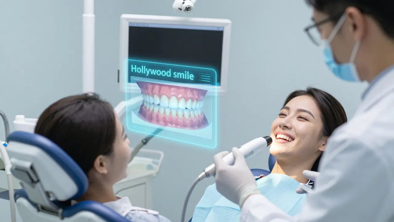 Dentista používá digitální skener k plánování úsměvu pacienta s holografickým návrhem.