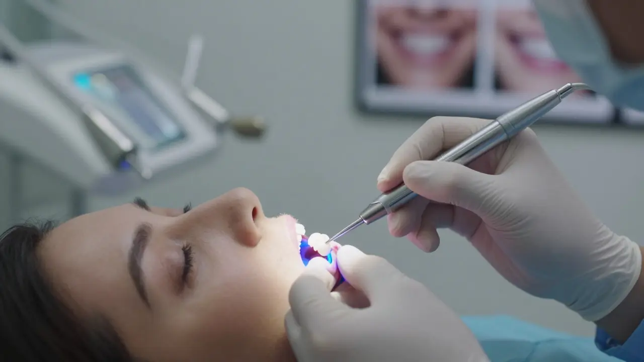 Dentista přilepuje keramickou fazetu pomocí světelného zatvrzování lepidla.