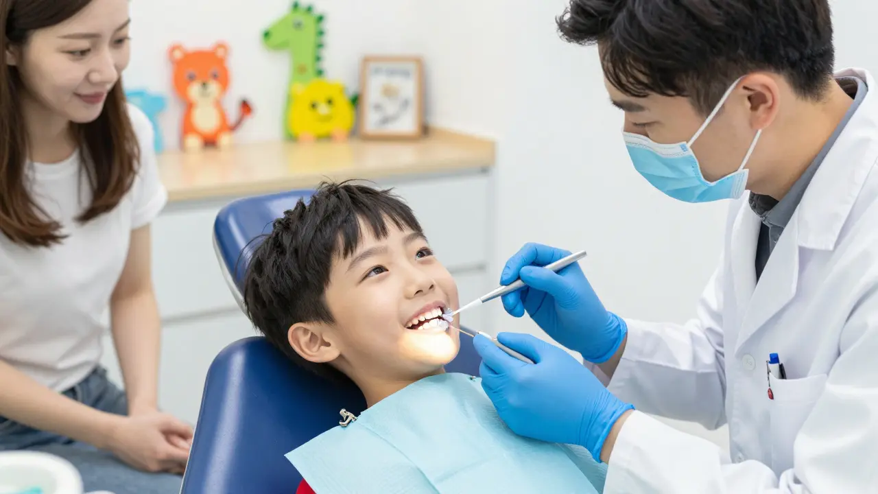 Dětský zubní lékař aplikuje fluoridový lak na zuby dítěte v pohodlné klinice.