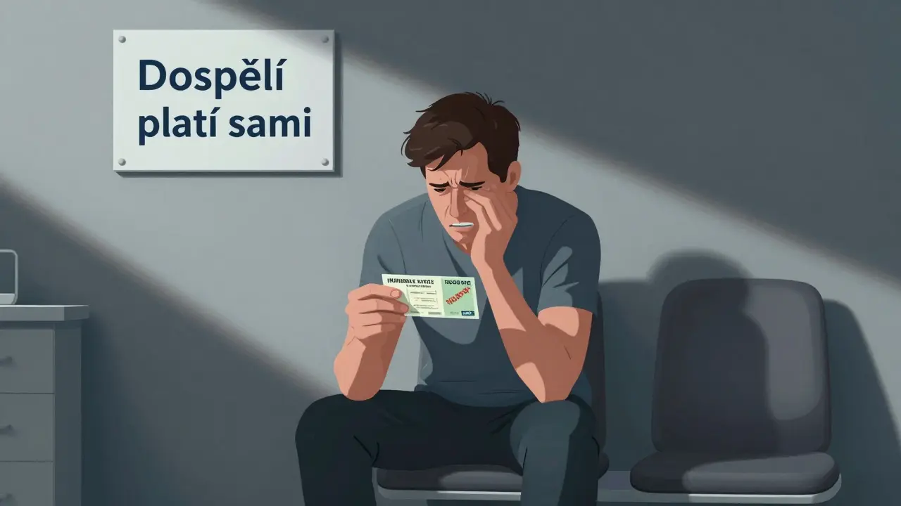 Dospělá osoba v ortodontické ordinaci s vysokou fakturou na invisaligny, cítící se opuštěná systémem.