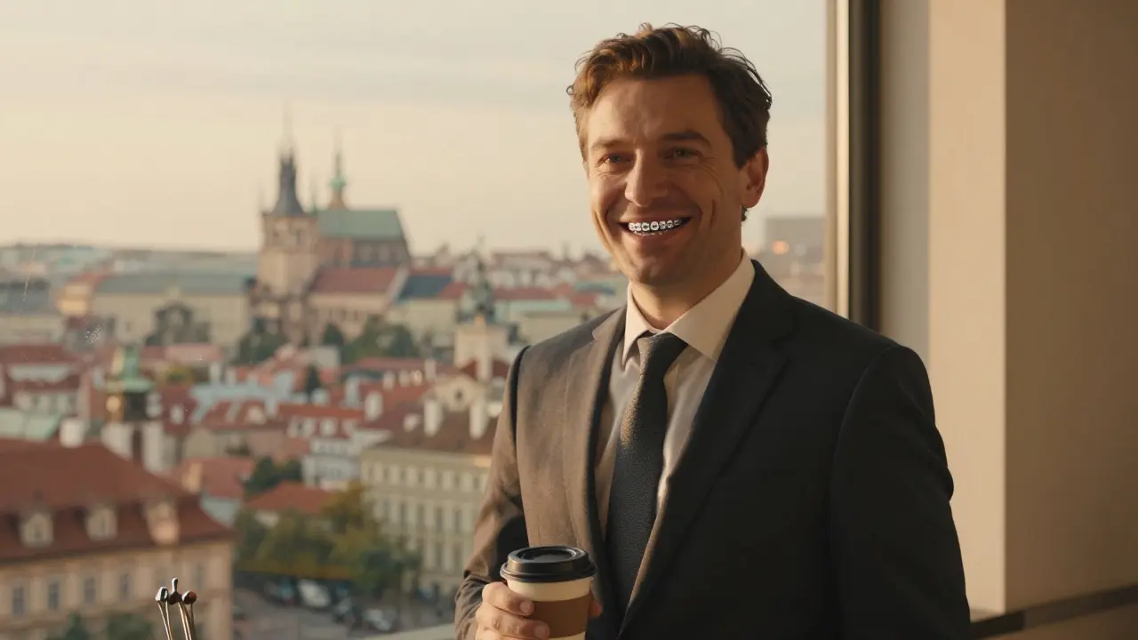 Dospělá žena s keramickými rovnátky a městským výhledem v pozadí.