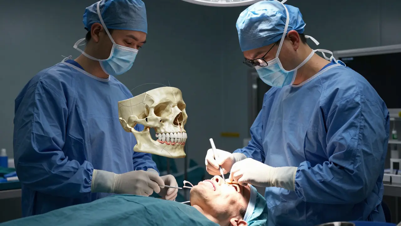 Dospělý podstupující ortognatickou operaci s 3D modelem čelisti v pozadí.