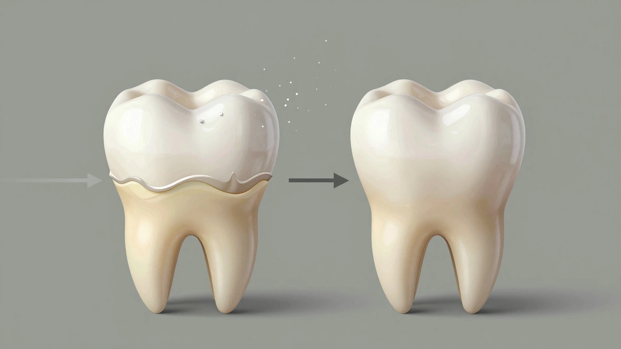 Dva zuby: jeden s poškozenou emalí a žlutým dentinem, druhý se zdravou emalí.