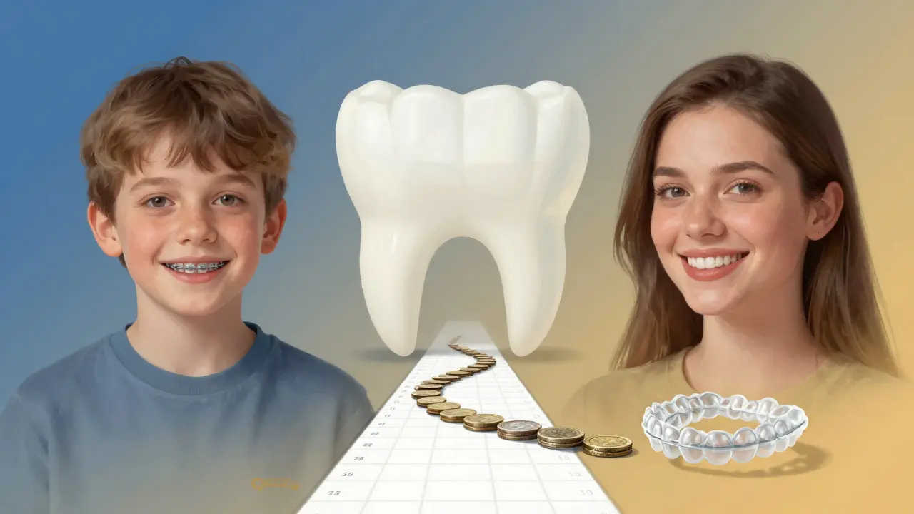 Dvě strany života: dítě s hrazenými rovnátky a dospělý s vlastními.