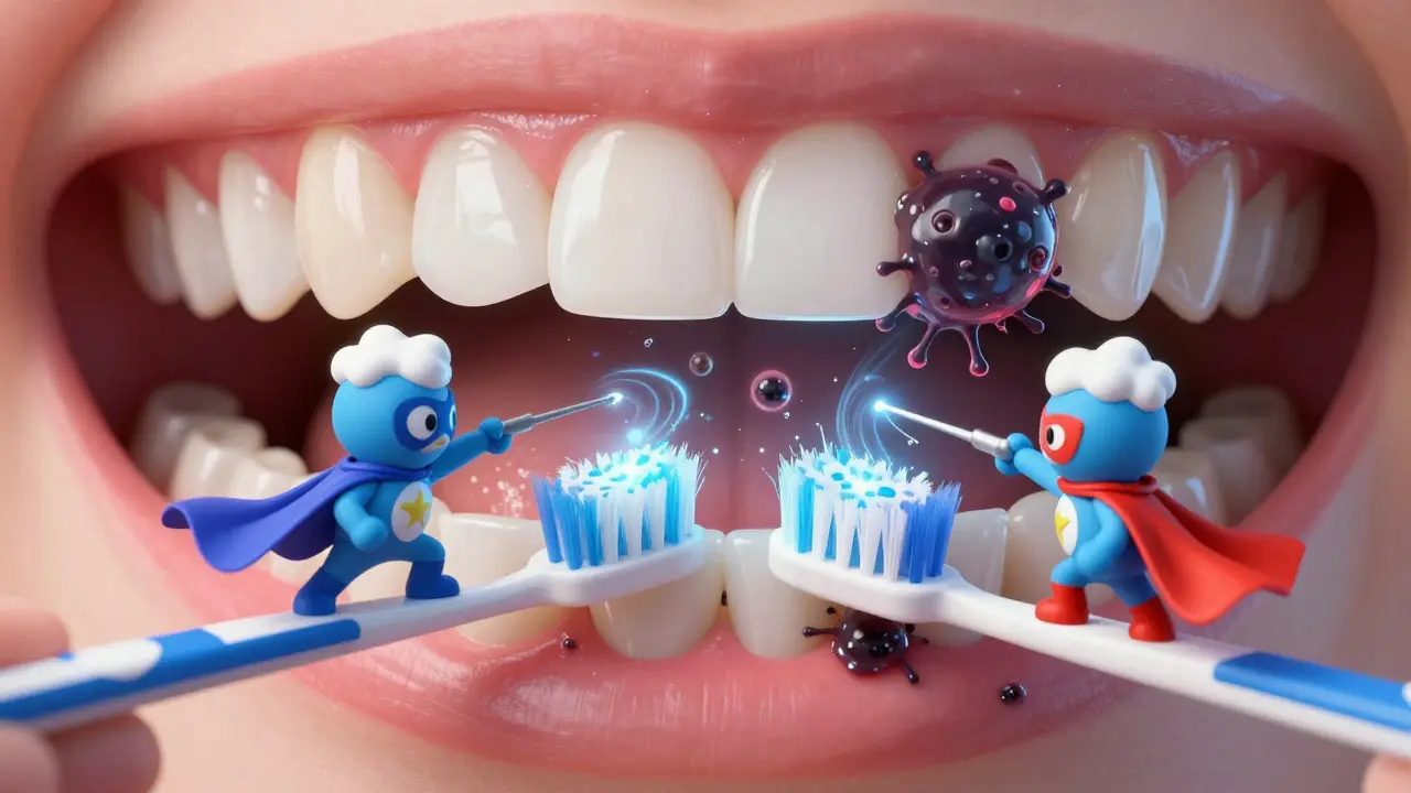 Fantazijní boj hrdinů proti bakteriím na zubech, symbolizující prevenci zubního kamene.