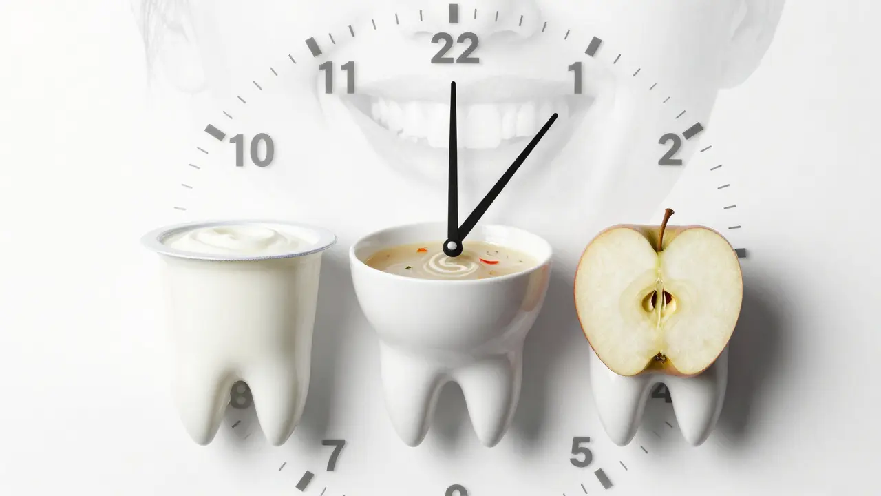 Hodiny ukazují 24, 48 a 72 hodin s příslušnými měkkými potravinami na tvaru zubu.