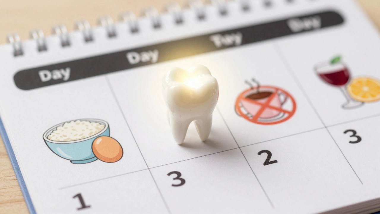 Kalendář ukazující postupné obnovování zubů po pískování s keramickým onlay.