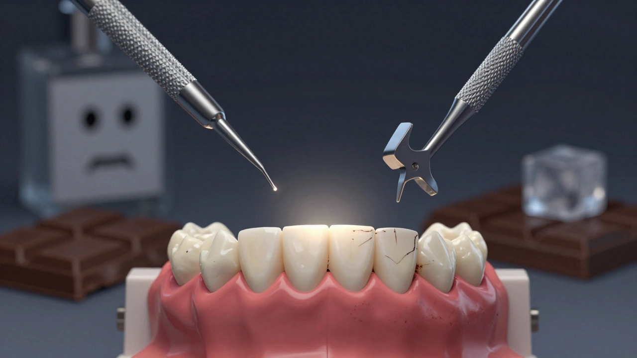 Keramická fazeta na modelu zubu s malou štěrbinou a tmavou barvou u dásně, symbolizující poškození.