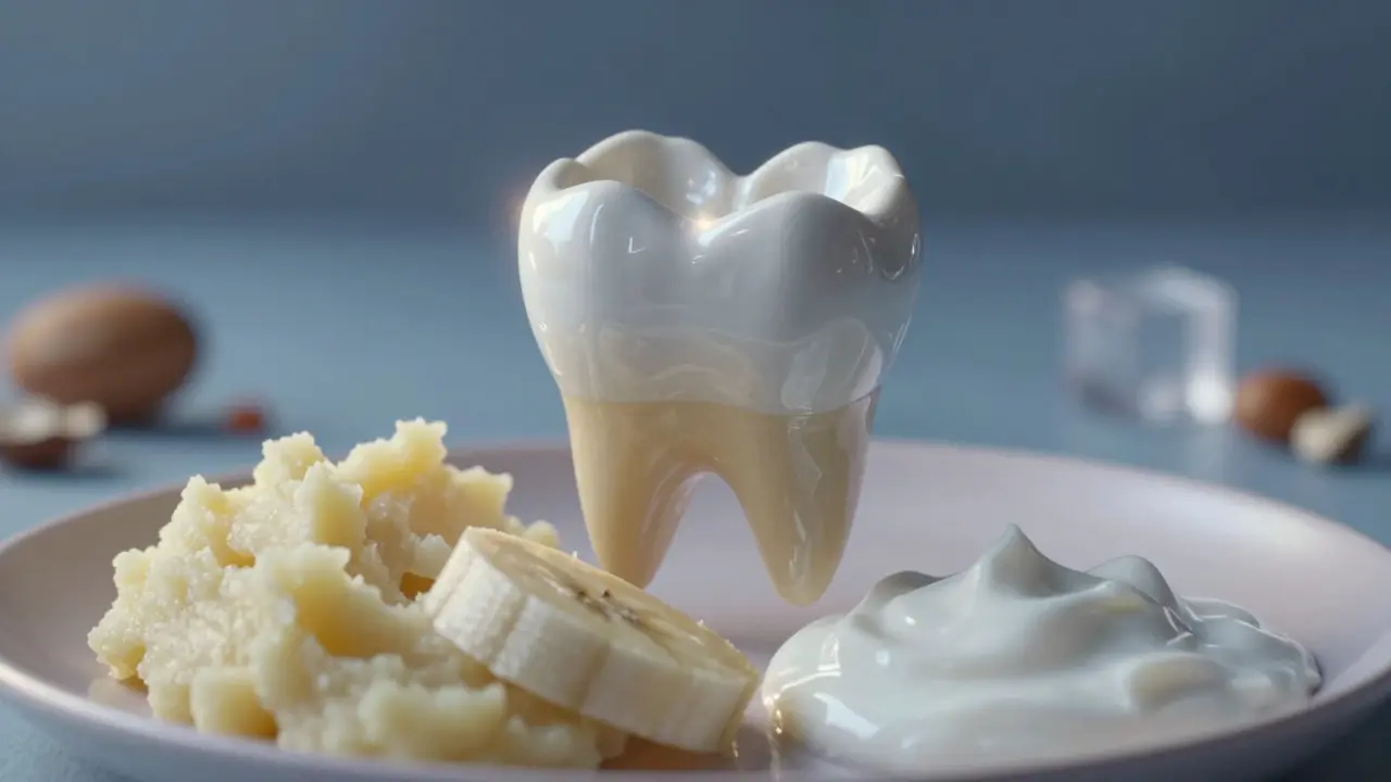 Keramická korunka na předním zubu nad měkkými potravinami, tvrdé potraviny jsou rozmazané.