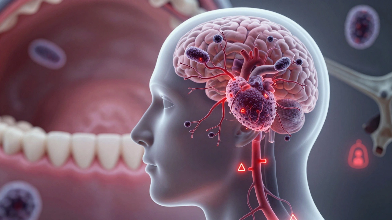 Koncepční obrázek ukazující, jak bakterie z kamene pronikají do krevního oběhu.