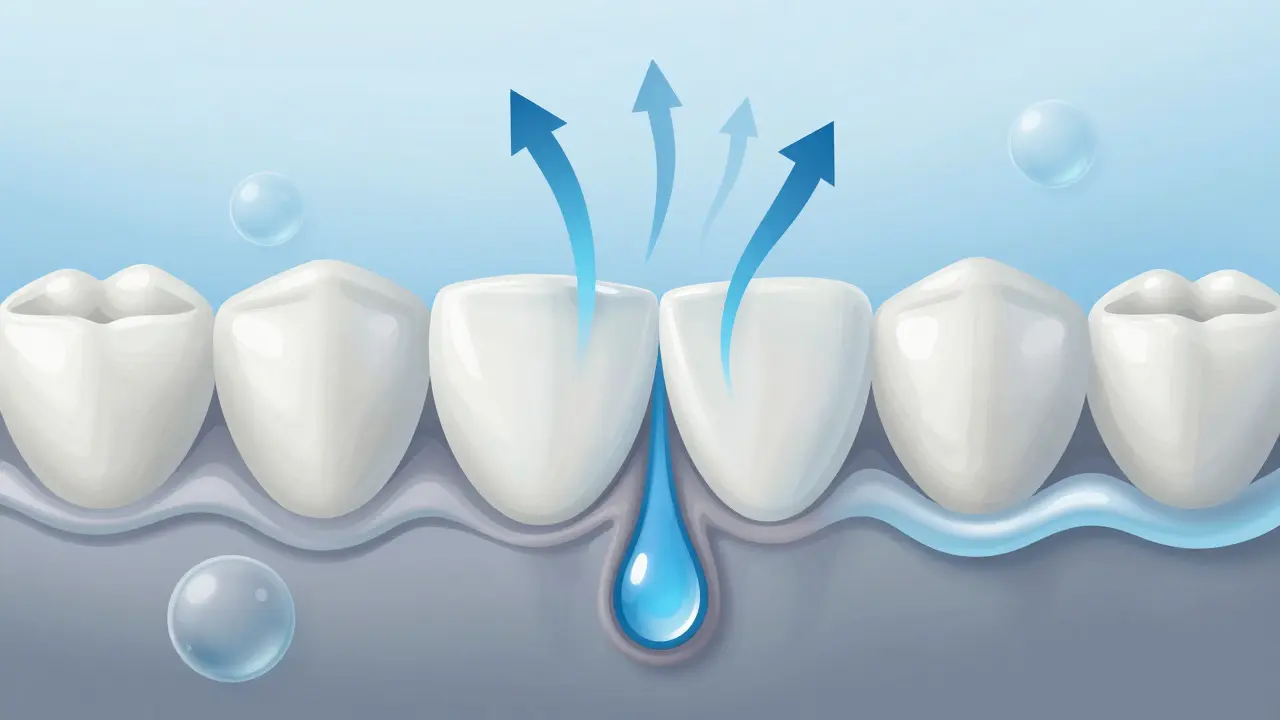 Mikroskopický pohled na odhalenou drahu pod dásněmi s ochrannými prvky.